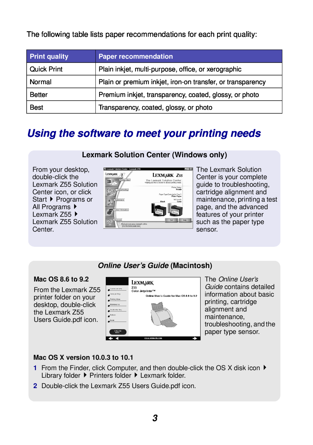 Lexmark Z55 manual Using the software to meet your printing needs, Lexmark Solution Center Windows only, Print quality 