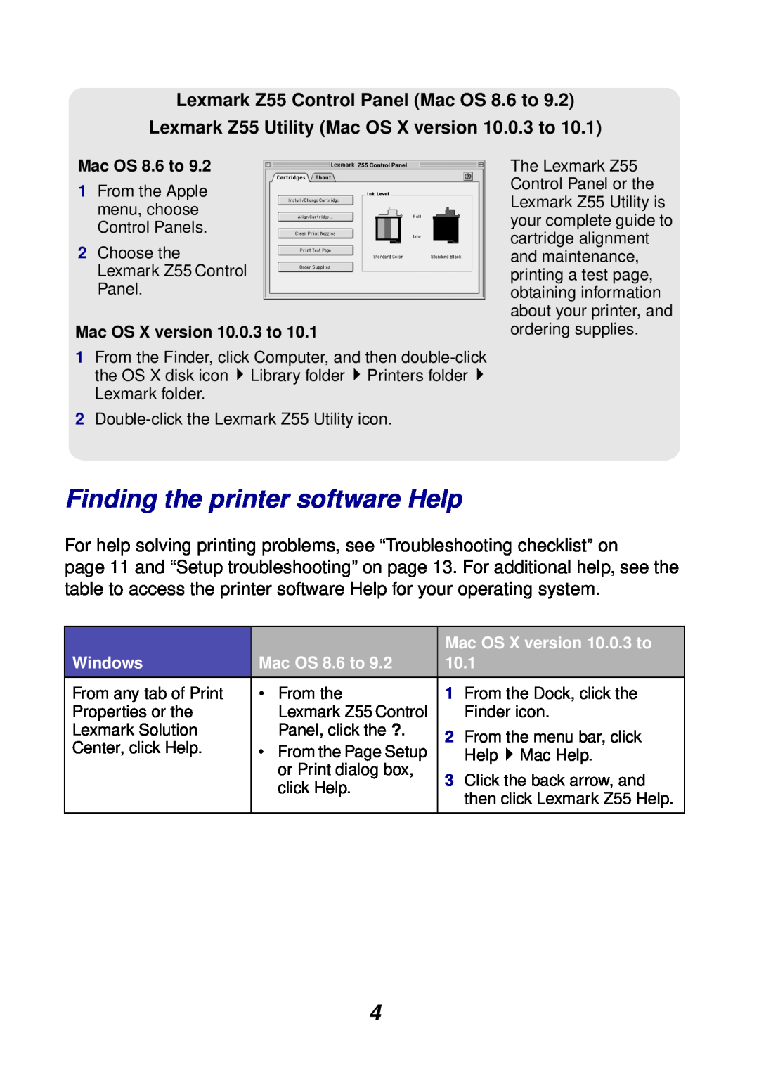 Lexmark manual Finding the printer software Help, Lexmark Z55 Control Panel Mac OS 8.6 to 