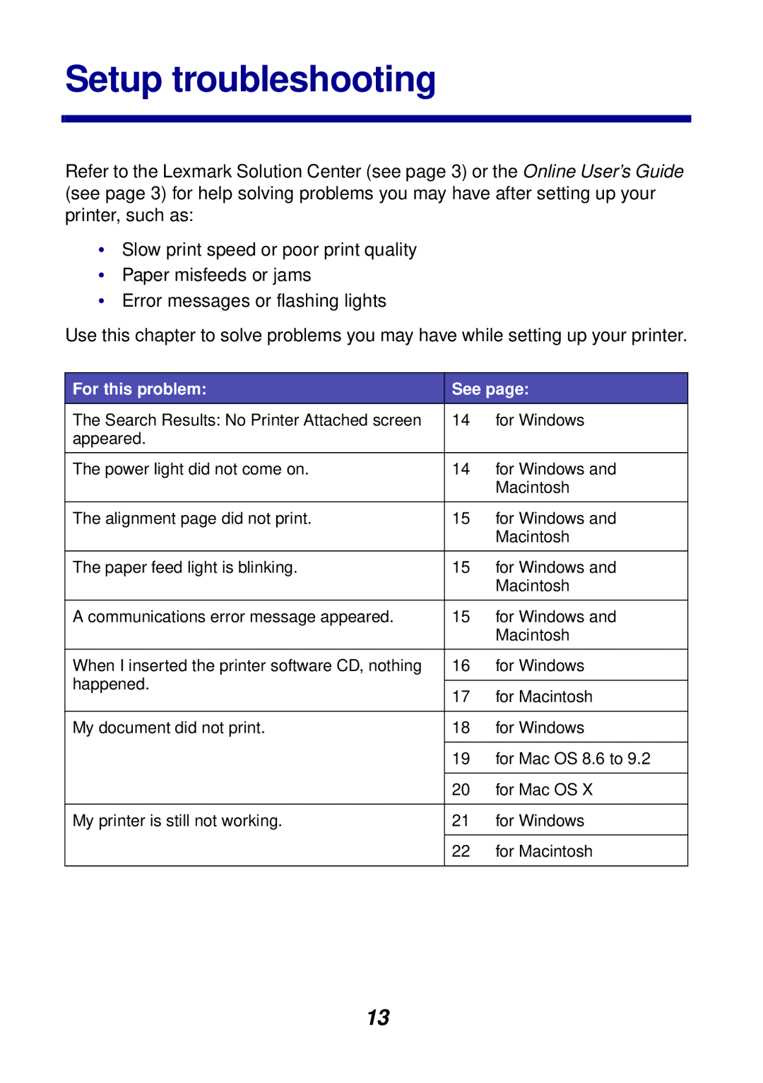 Lexmark Z55 manual Setup troubleshooting, For this problem See 