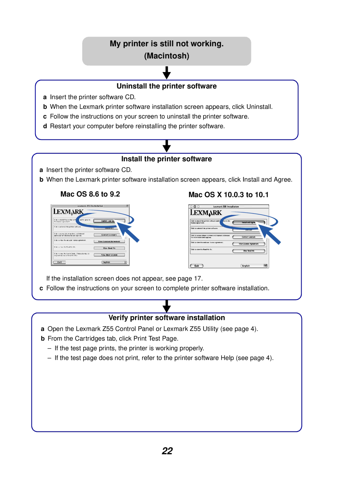 Lexmark Z55 manual My printer is still not working Macintosh, Mac OS 8.6 to Mac OS X 10.0.3 to 