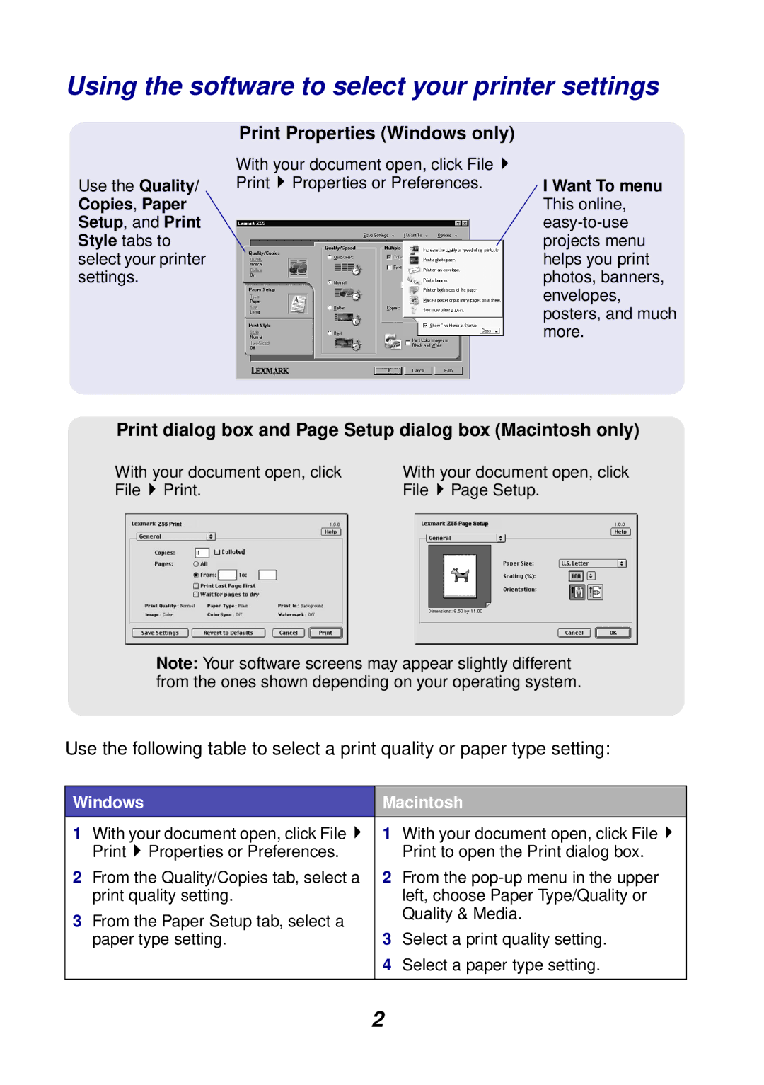 Lexmark Z55 manual Using the software to select your printer settings, Print Properties Windows only, Windows Macintosh 