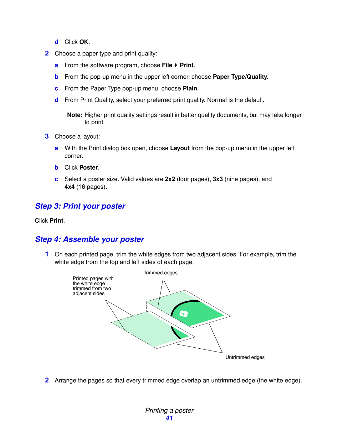 Lexmark Z600 Series manual Print your poster, Assemble your poster, Trimmed edges, Untrimmed edges 