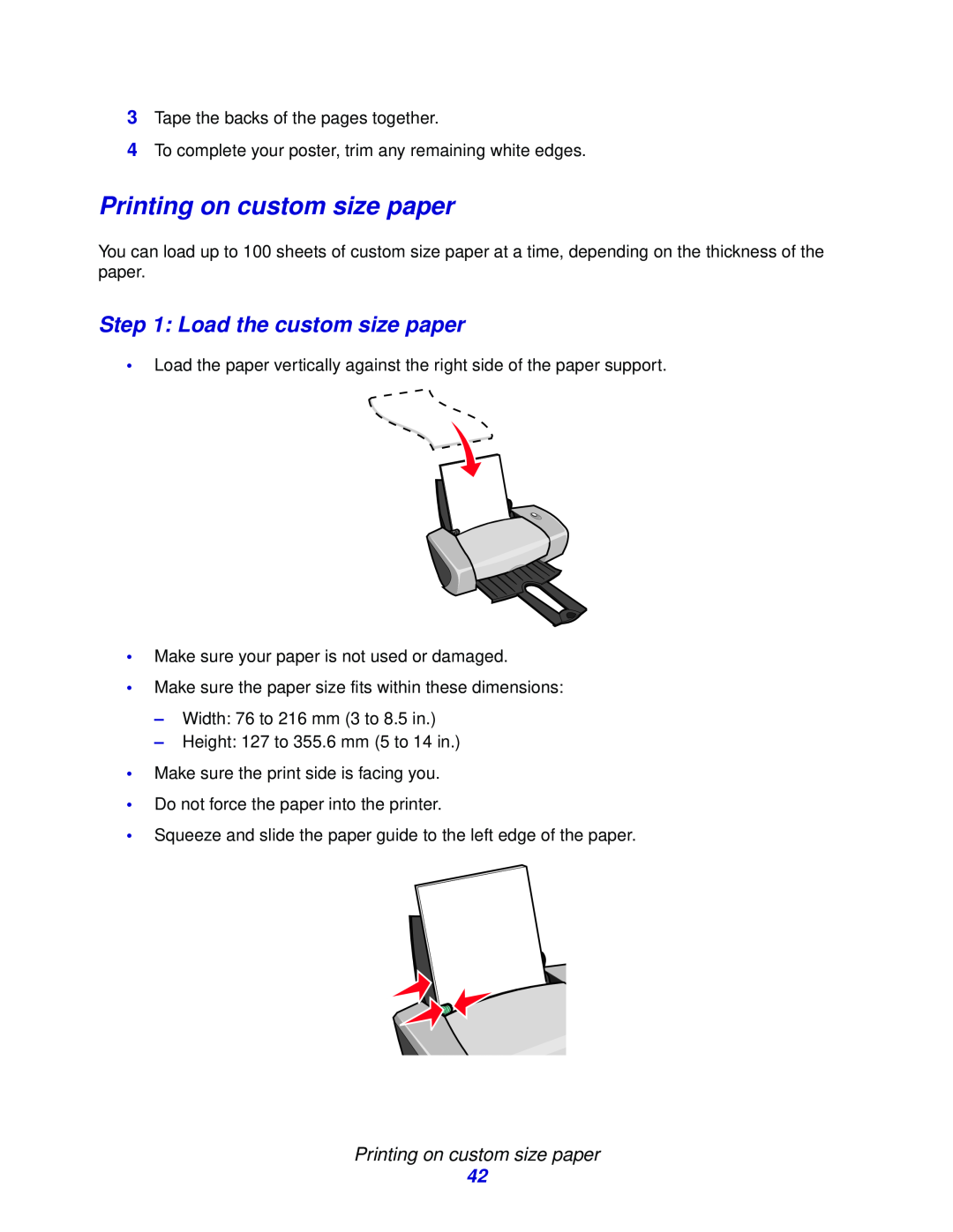 Lexmark Z600 Series manual Printing on custom size paper, Load the custom size paper 