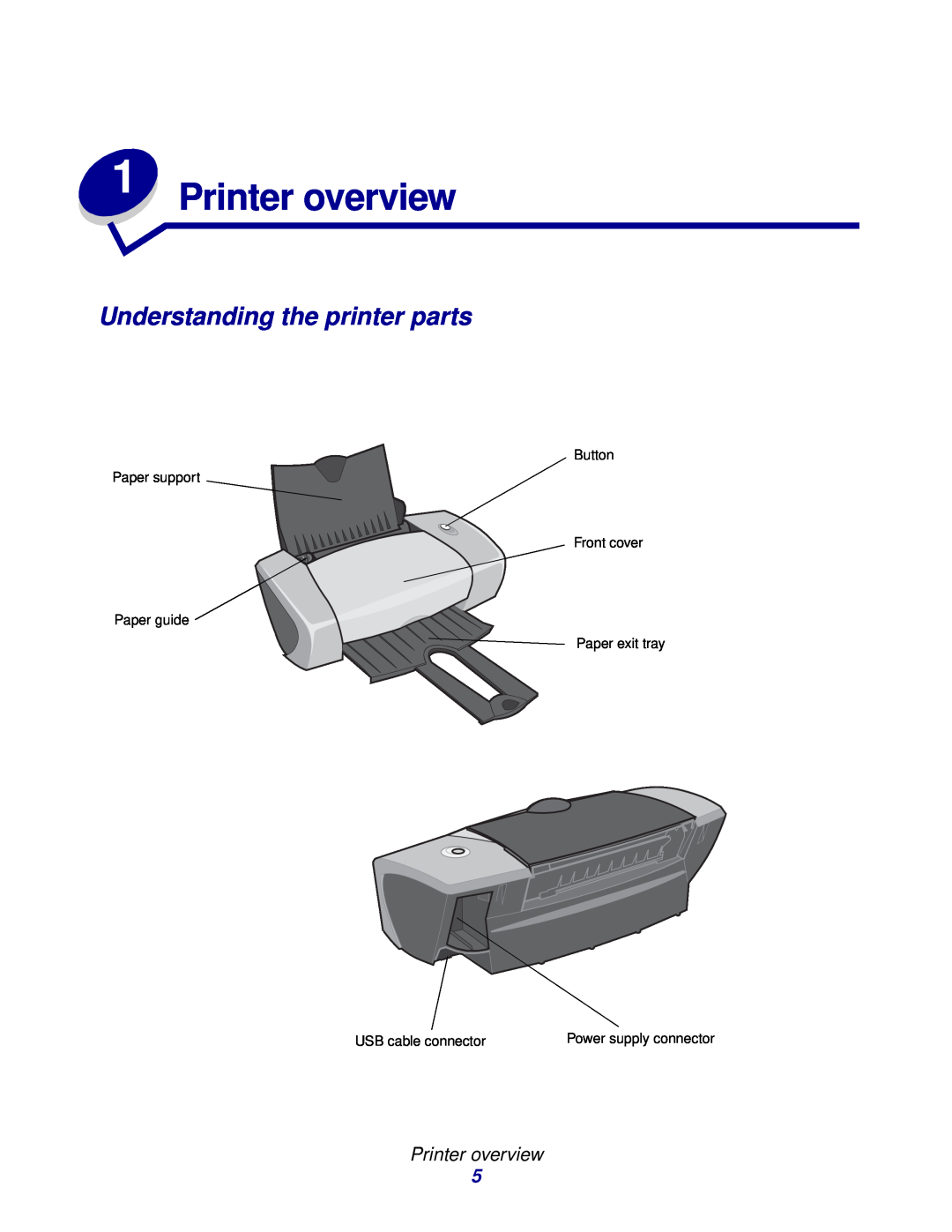 Lexmark Z600 Series manual Printer overview, Understanding the printer parts, USB cable connector 