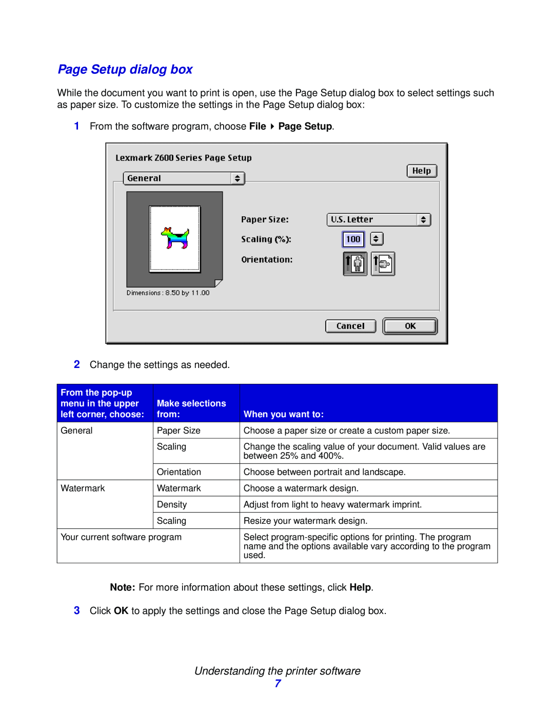 Lexmark Z600 Series manual Page Setup dialog box 