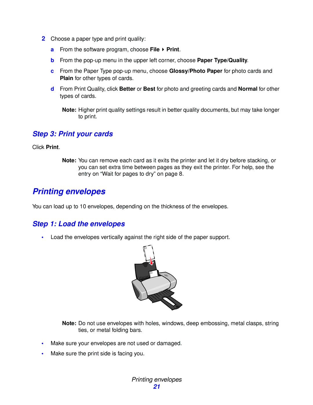 Lexmark Z600 Series manual Printing envelopes, Print your cards, Load the envelopes 