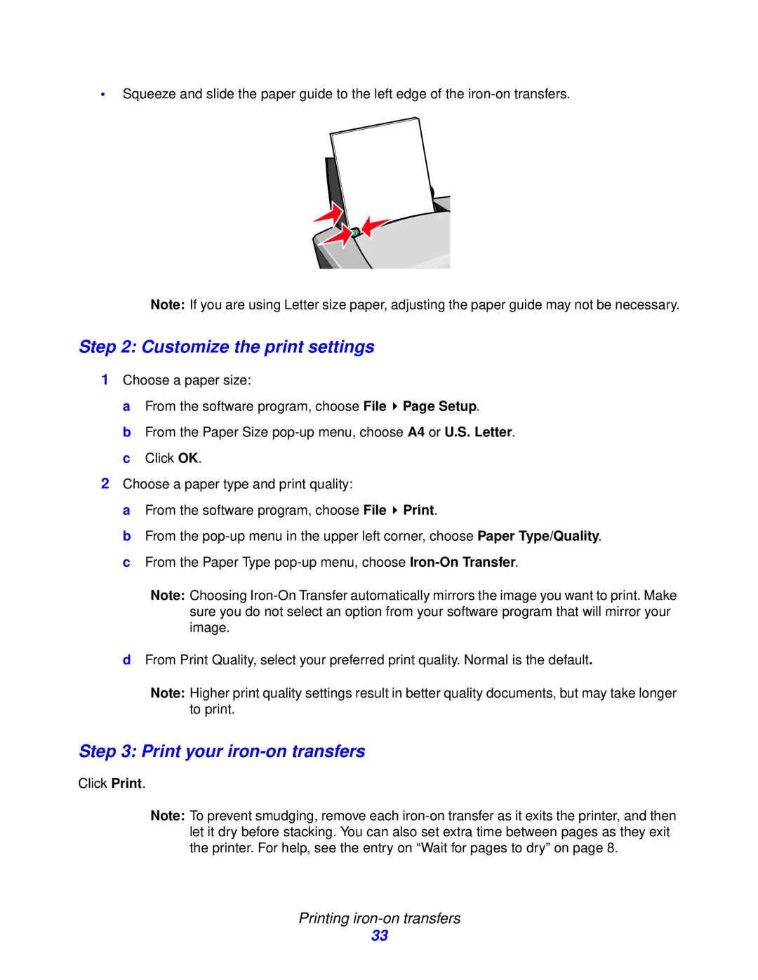 Lexmark Z600 Series manual Customize the print settings, Print your iron-on transfers 