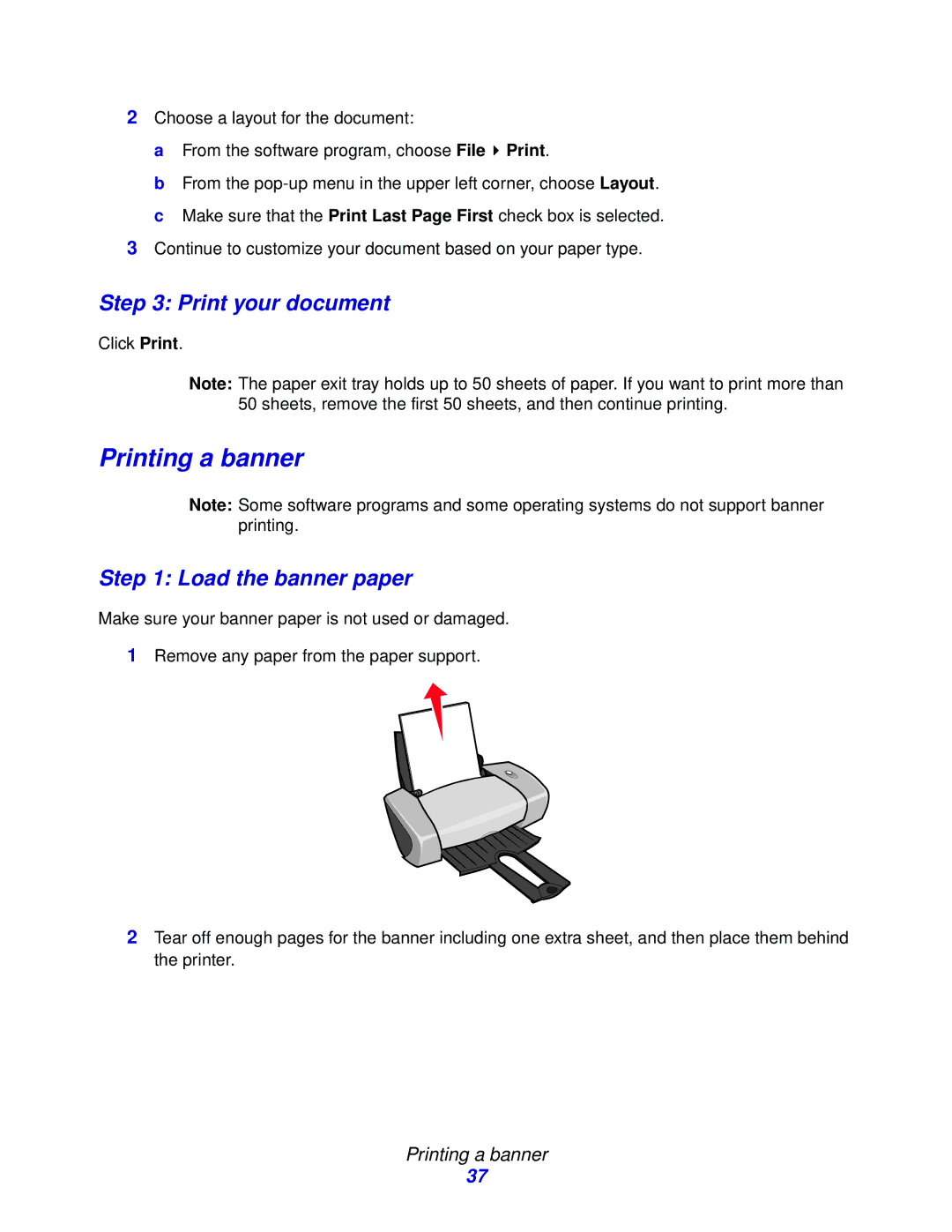 Lexmark Z600 Series manual Printing a banner, Load the banner paper 