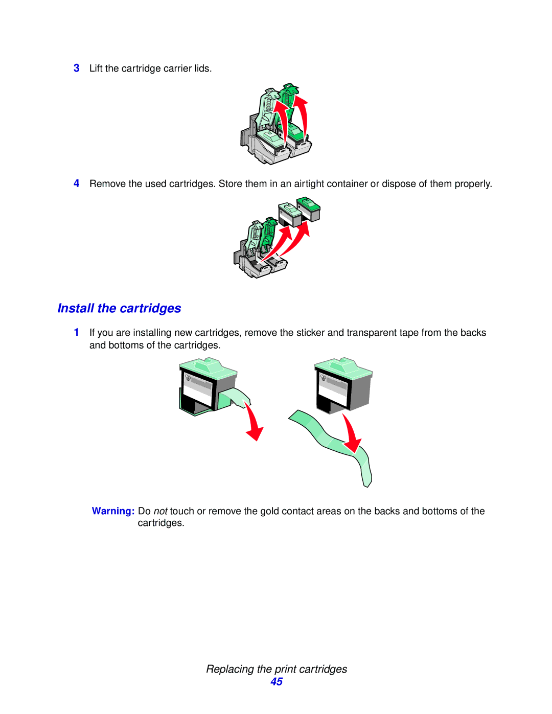 Lexmark Z600 Series manual Install the cartridges, Replacing the print cartridges 