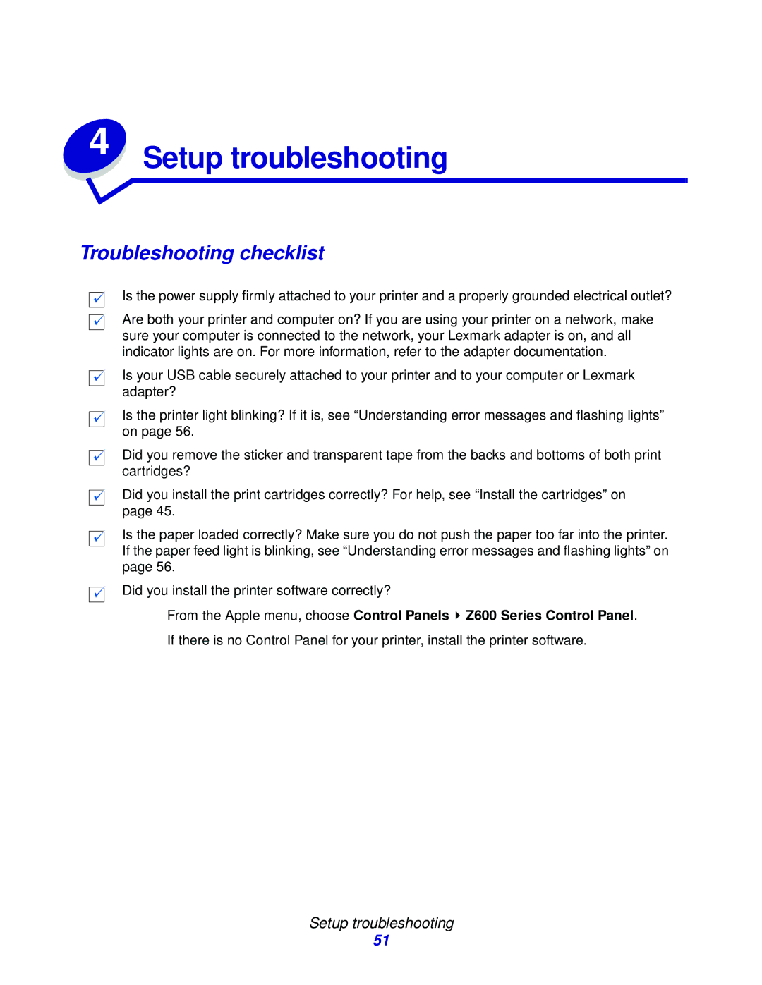 Lexmark Z600 Series manual Troubleshooting checklist, Setup troubleshooting 