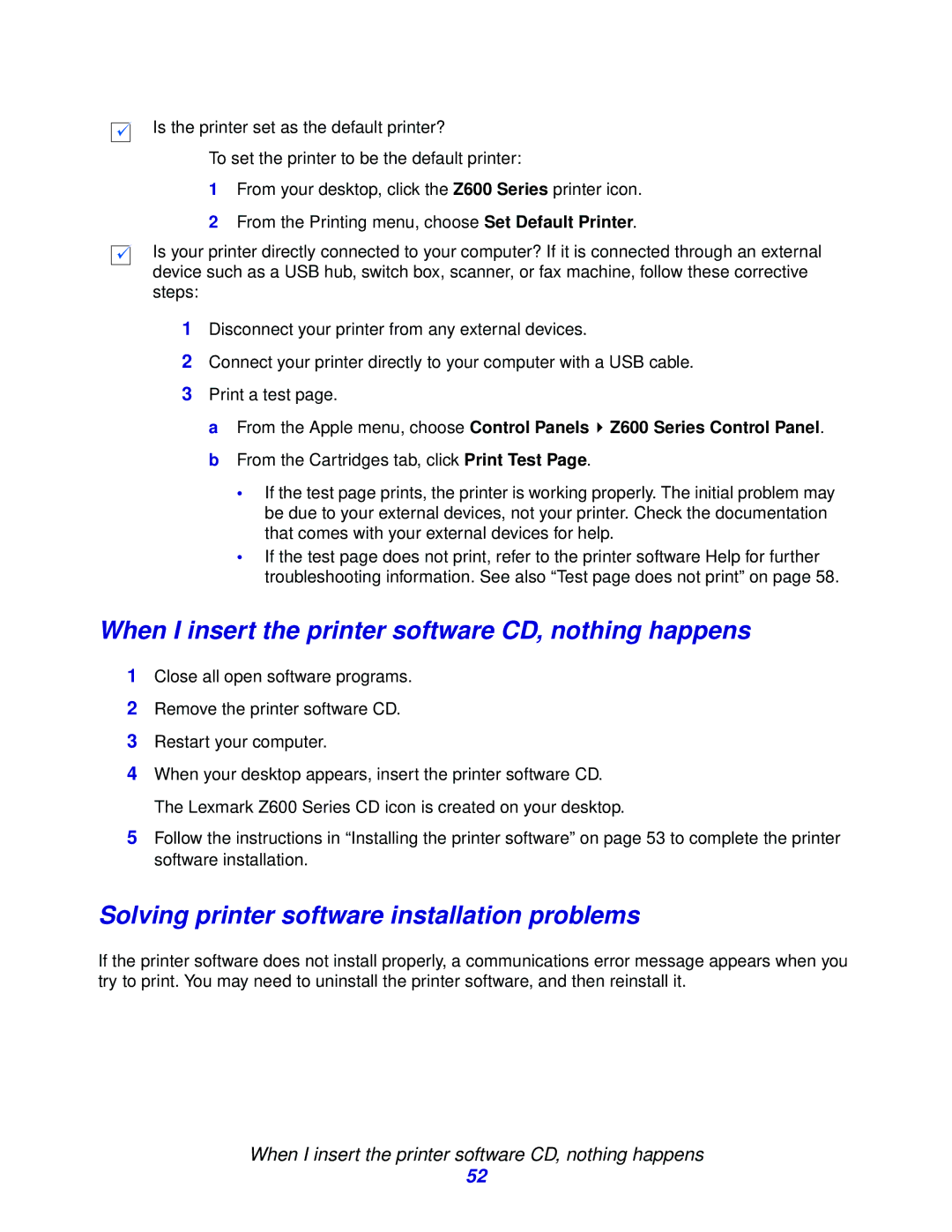 Lexmark Z600 Series When I insert the printer software CD, nothing happens, Solving printer software installation problems 