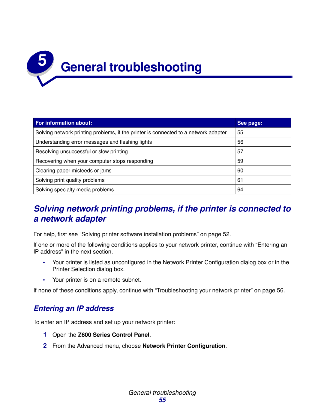 Lexmark Z600 Series manual Entering an IP address, General troubleshooting 