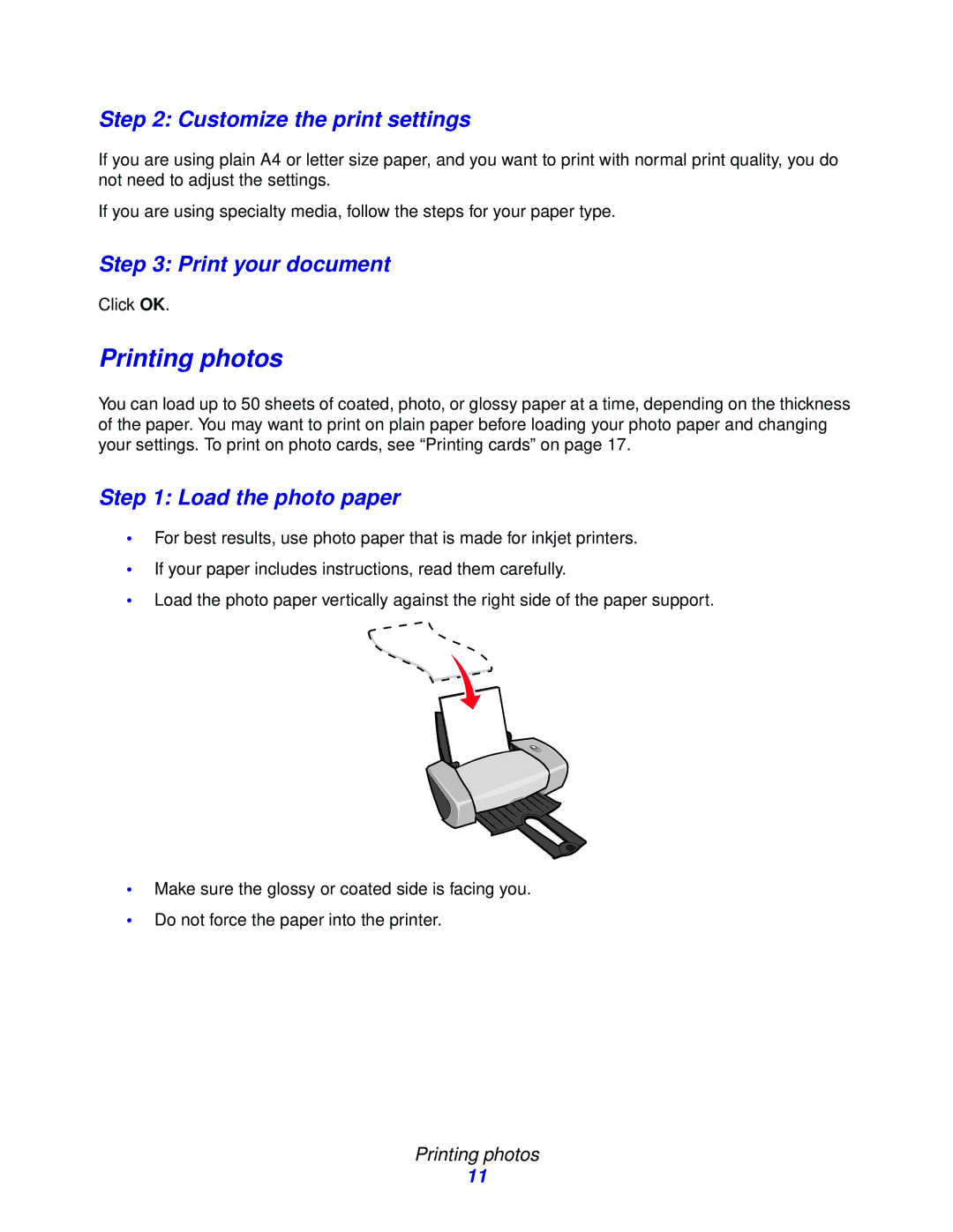 Lexmark Z600 manual Printing photos, Customize the print settings, Print your document, Load the photo paper 