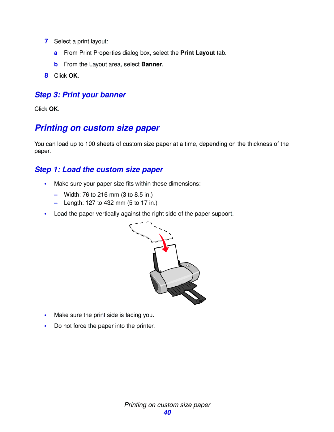 Lexmark Z600 manual Printing on custom size paper, Print your banner, Load the custom size paper 