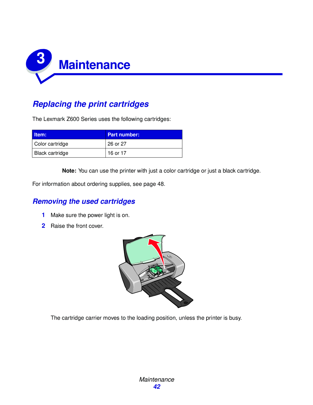 Lexmark Z600 manual Replacing the print cartridges, Removing the used cartridges, Maintenance 