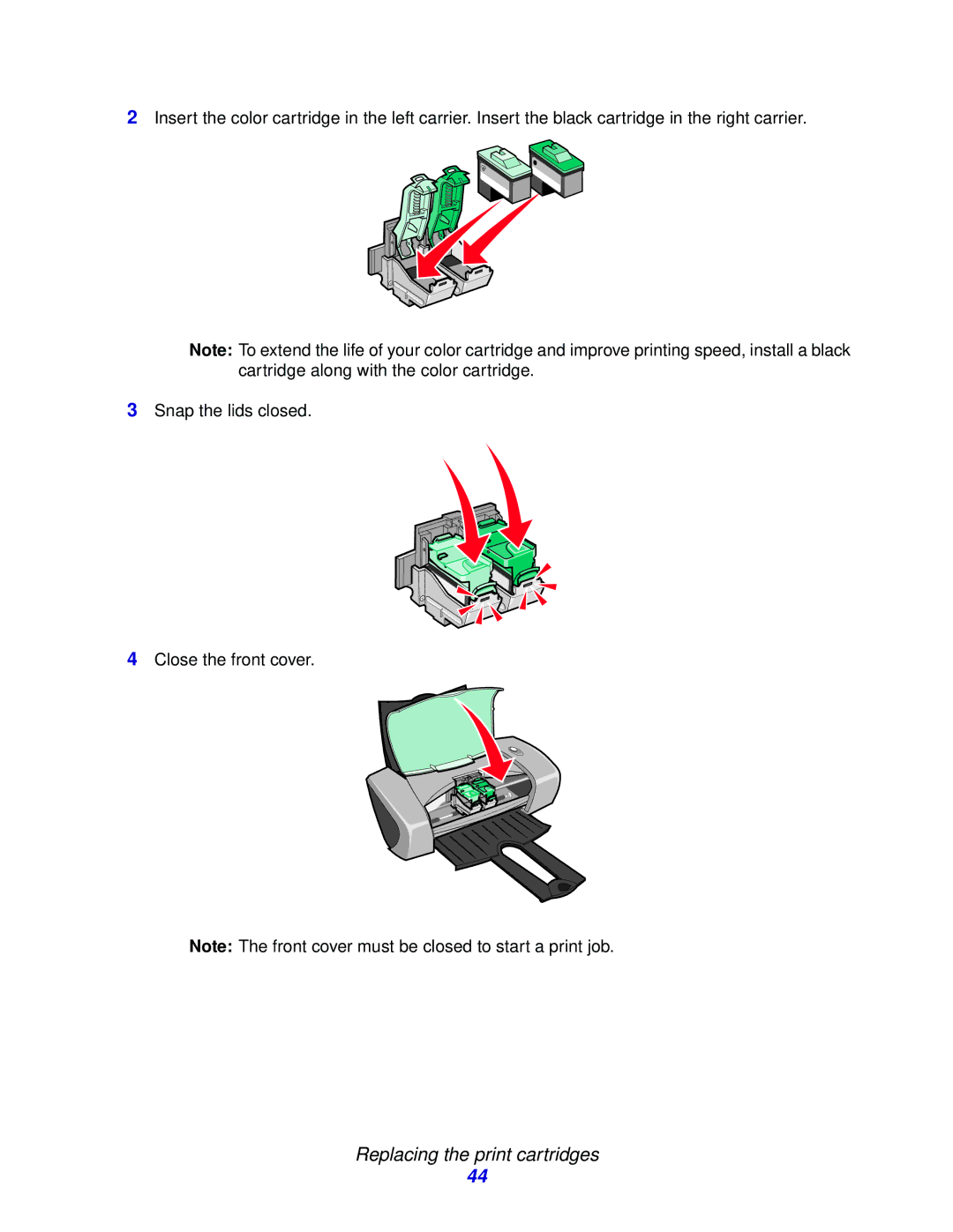 Lexmark Z600 manual Replacing the print cartridges 