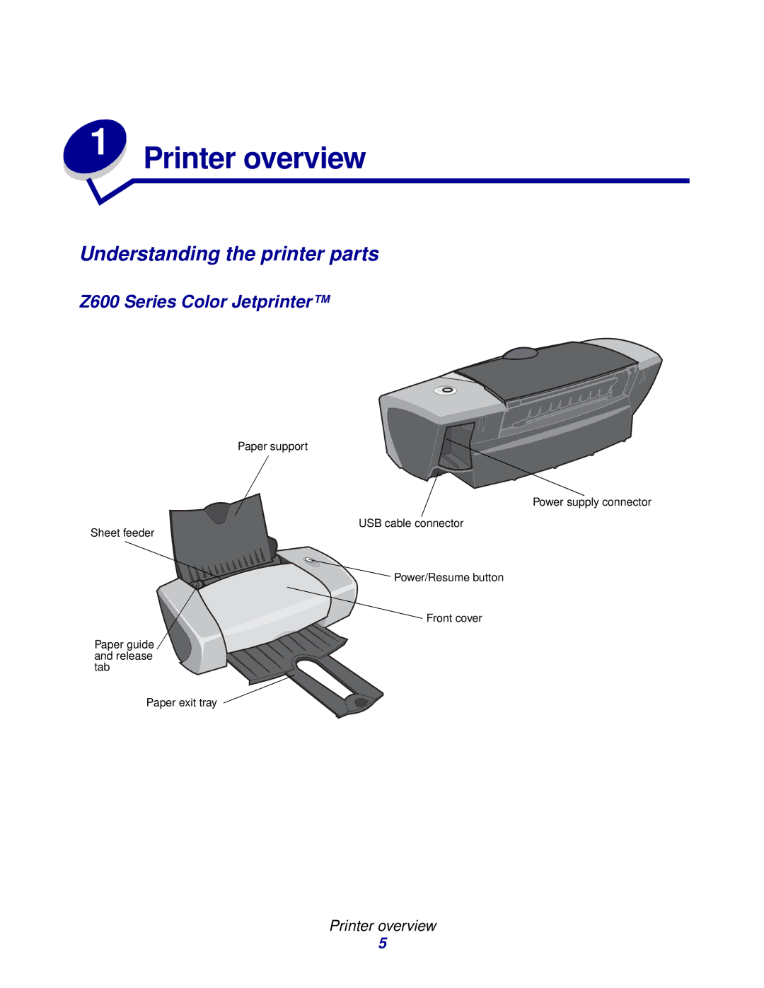 Lexmark manual Understanding the printer parts, Z600 Series Color Jetprinter, Printer overview 