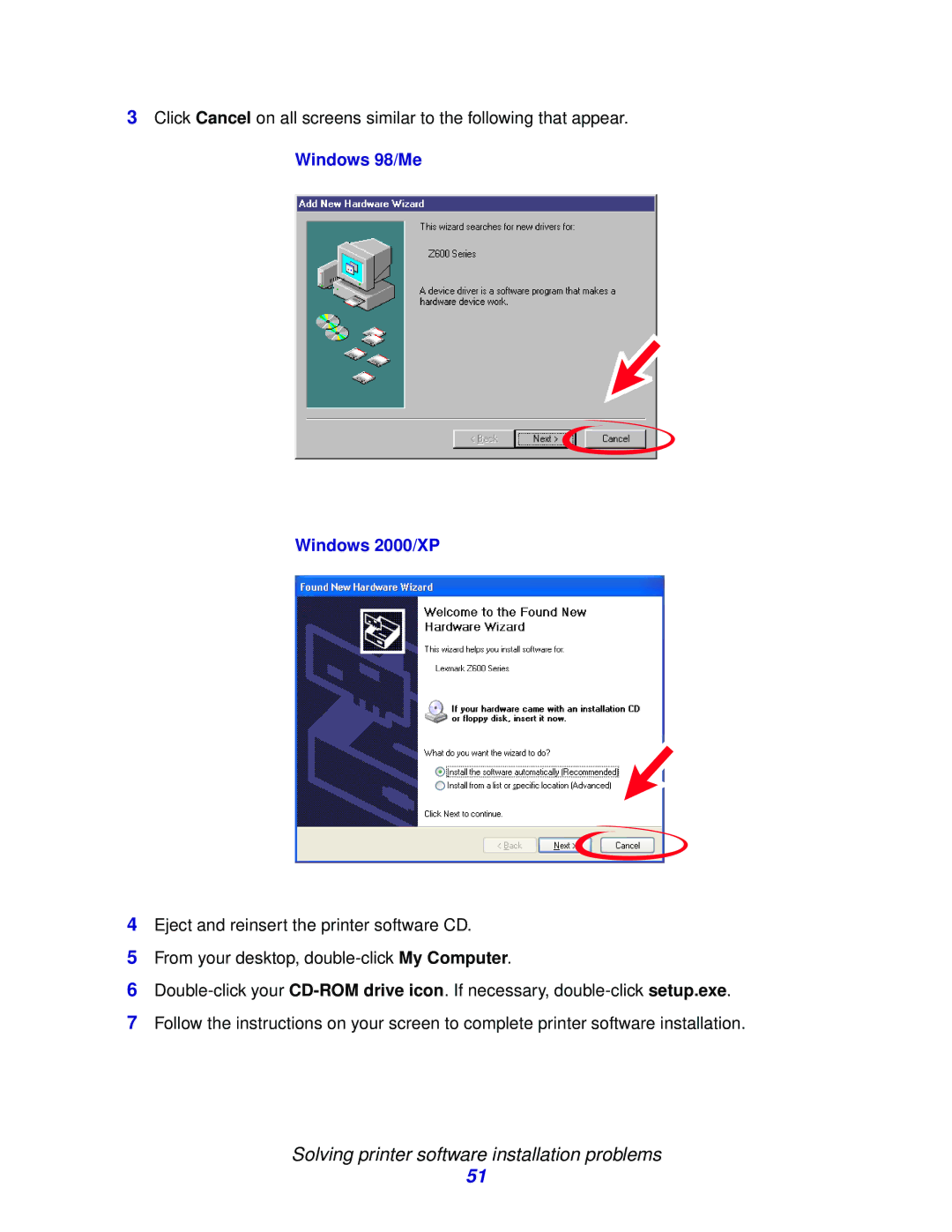 Lexmark Z600 manual Windows 98/Me Windows 2000/XP 