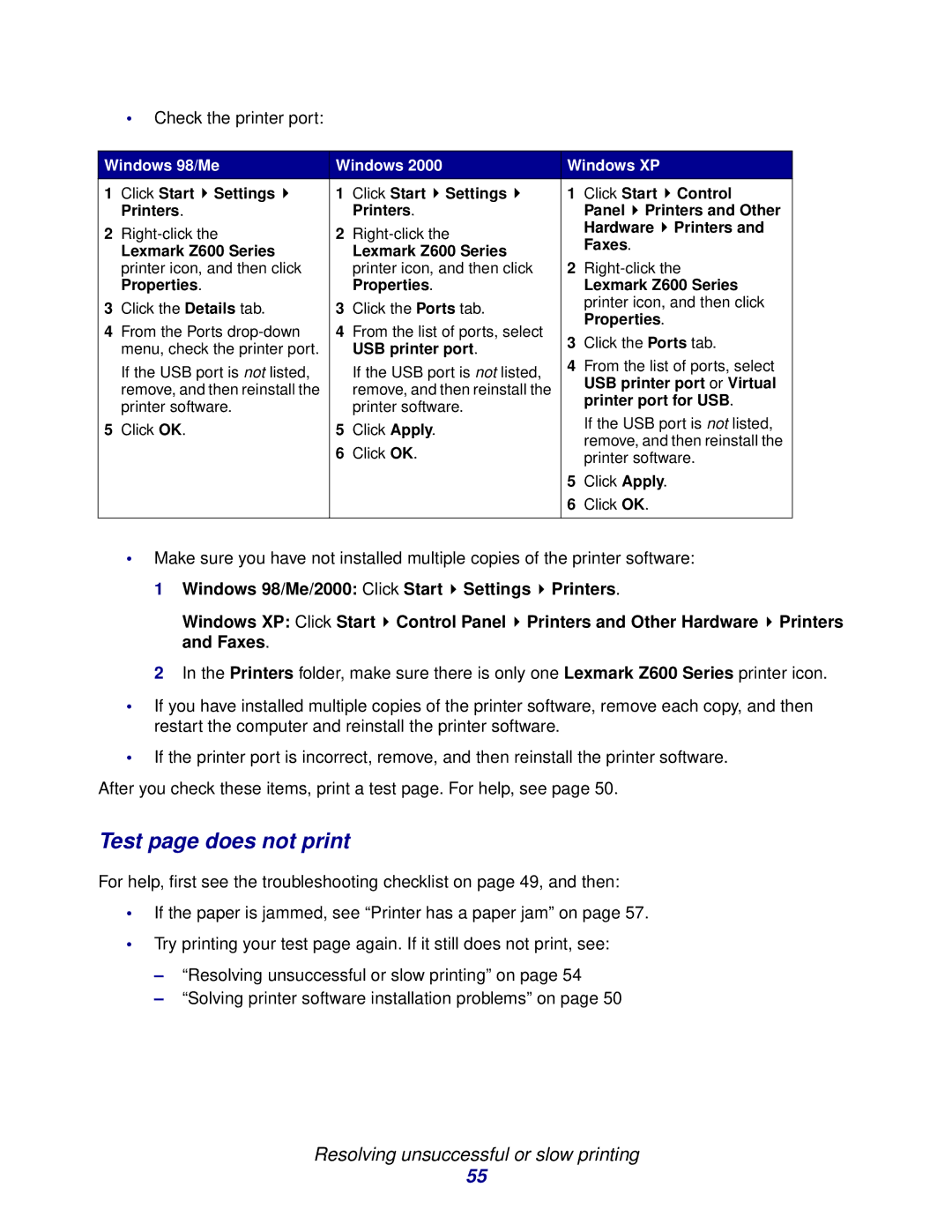 Lexmark Z600 manual Test page does not print, Check the printer port 