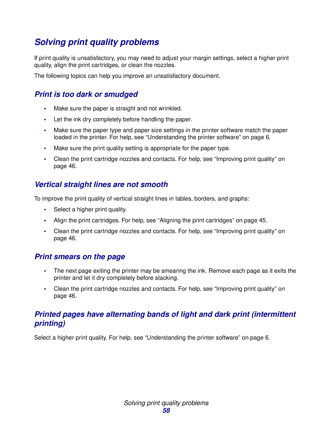 Lexmark Z600 manual Solving print quality problems, Print is too dark or smudged, Vertical straight lines are not smooth 