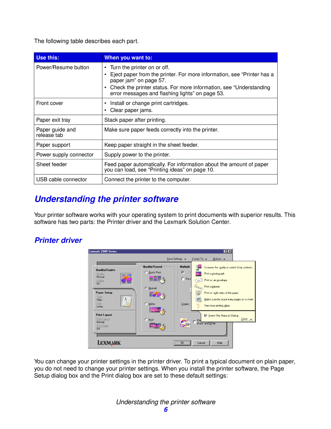 Lexmark Z600 manual Understanding the printer software, Printer driver 