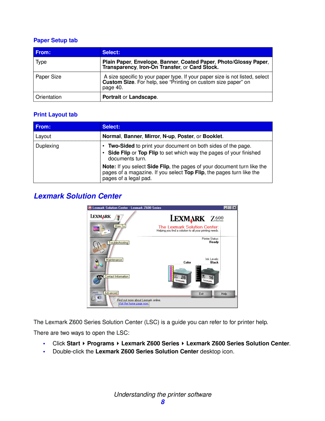 Lexmark Z600 manual Lexmark Solution Center, Paper Setup tab 