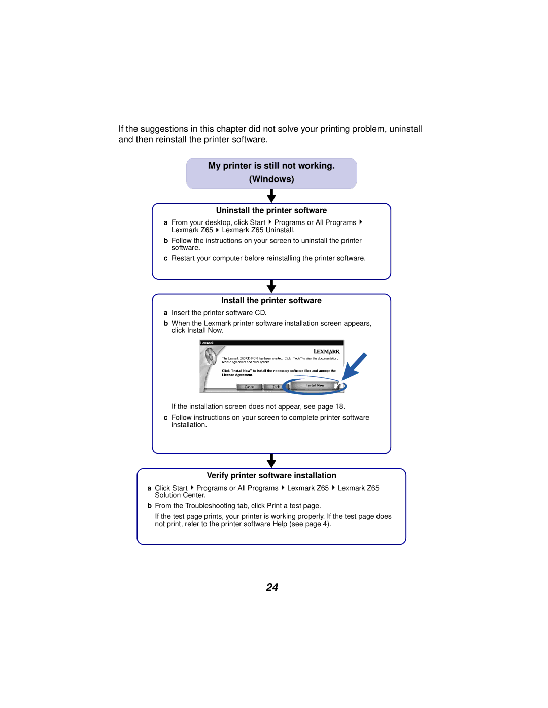 Lexmark Z65 manual My printer is still not working Windows, Uninstall the printer software 