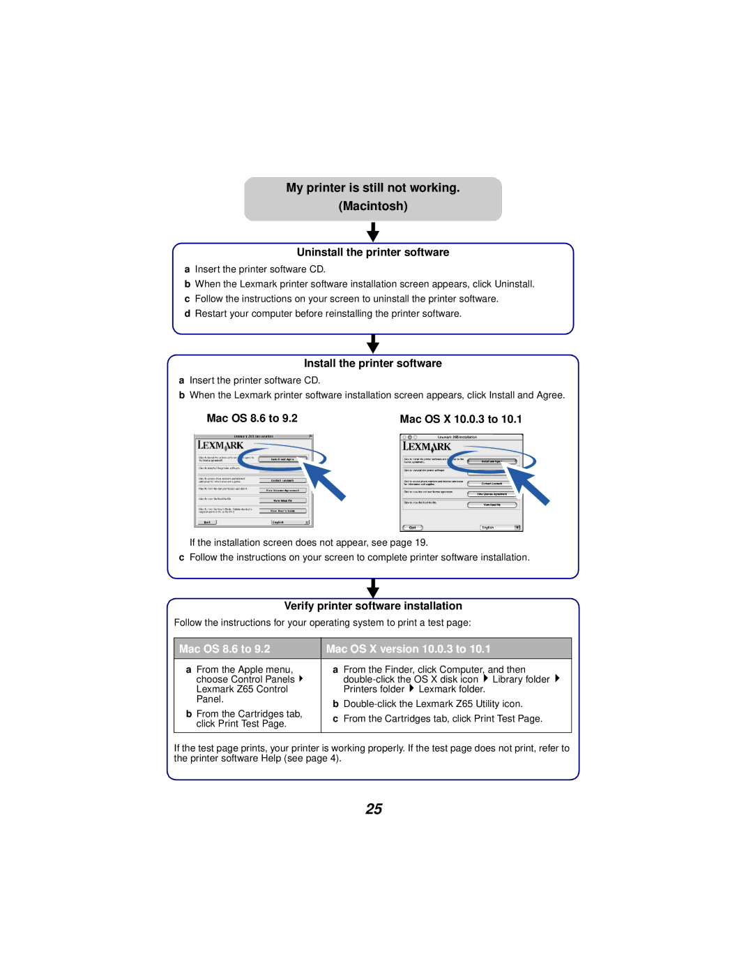 Lexmark Z65 manual My printer is still not working Macintosh, Mac OS 8.6 to Mac OS X version 10.0.3 to 