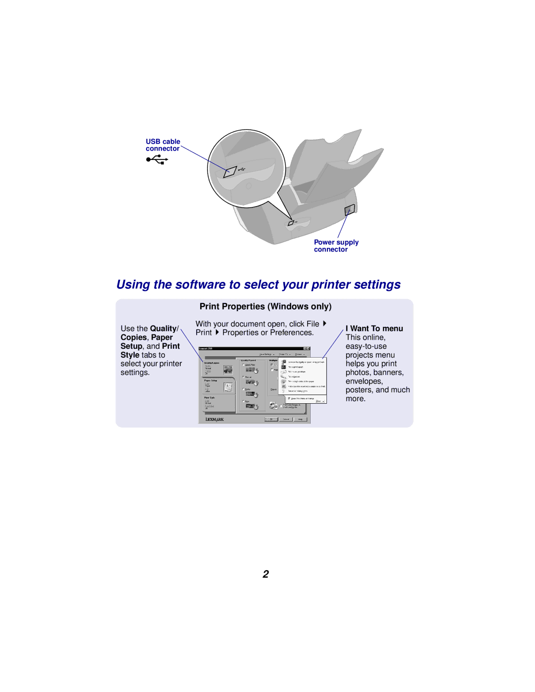 Lexmark Z65 manual Using the software to select your printer settings, Print Properties Windows only 