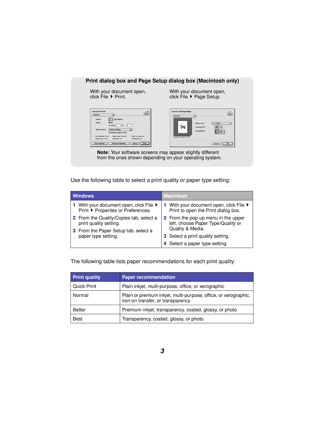 Lexmark Z65 manual Print dialog box and Page Setup dialog box Macintosh only, Windows Macintosh 