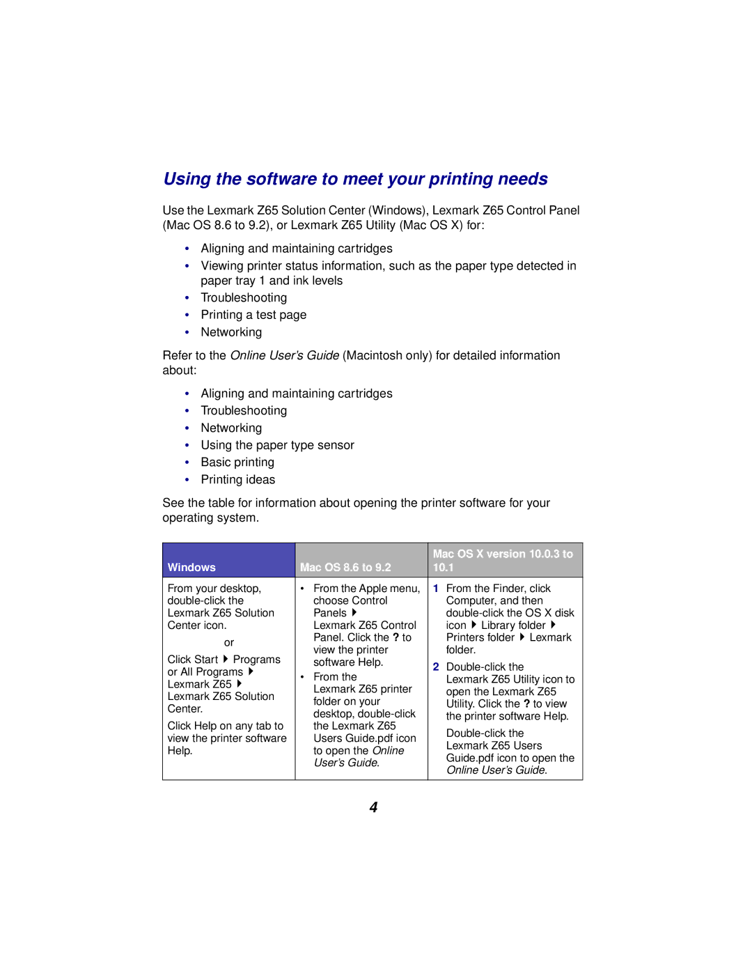 Lexmark Z65 manual Mac OS X version 10.0.3 to, Windows Mac OS 8.6 to 10.1 