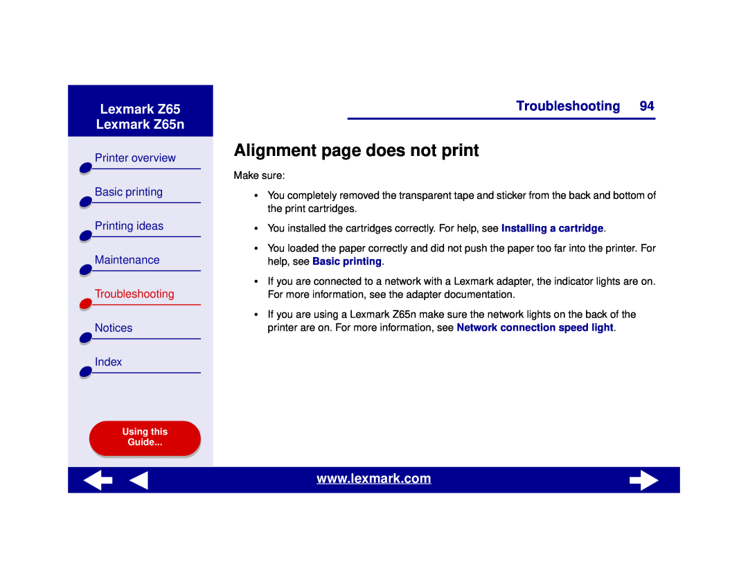 Lexmark manual Alignment page does not print, Lexmark Z65 Lexmark Z65n, Printer overview, Basic printing, Printing ideas 