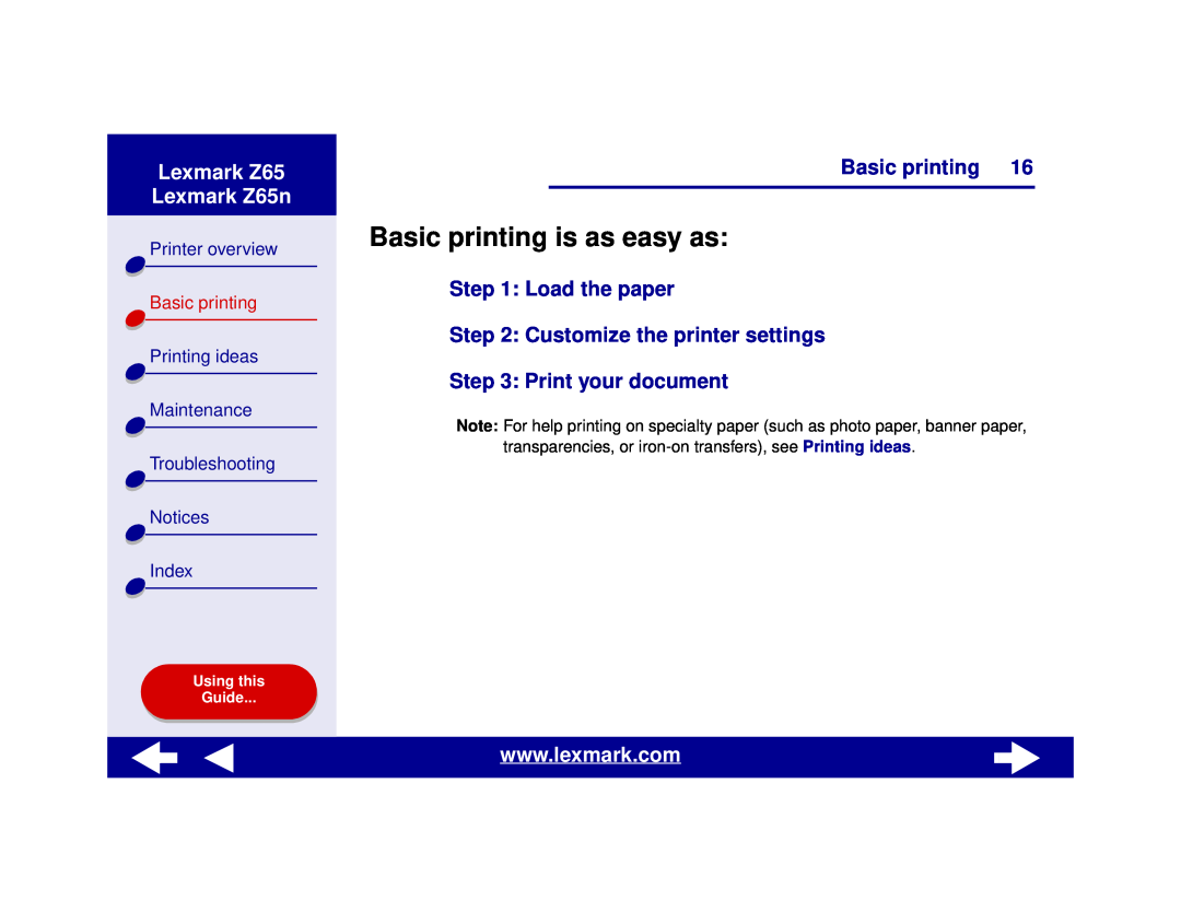 Lexmark Basic printing is as easy as, Lexmark Z65 Lexmark Z65n, Printer overview, Printing ideas, Maintenance, Notices 