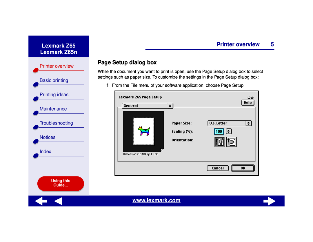 Lexmark Page Setup dialog box, Lexmark Z65 Lexmark Z65n, Printer overview, Basic printing, Printing ideas, Maintenance 