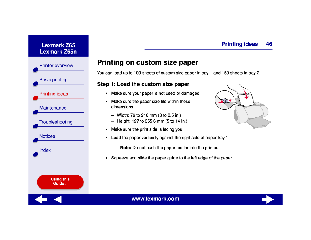 Lexmark Printing on custom size paper, Load the custom size paper, Lexmark Z65 Lexmark Z65n, Printer overview, Notices 