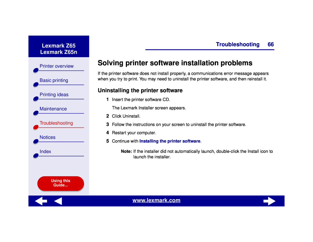 Lexmark Solving printer software installation problems, Uninstalling the printer software, Lexmark Z65 Lexmark Z65n 
