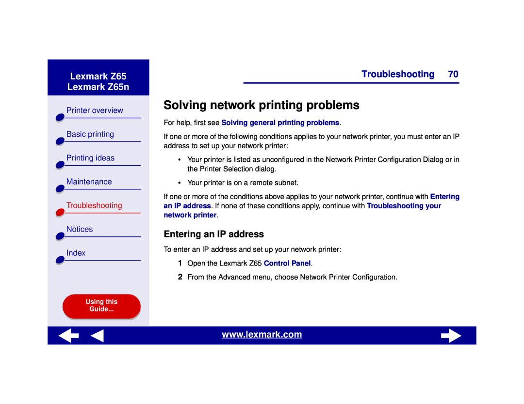 Lexmark Solving network printing problems, Entering an IP address, Lexmark Z65 Lexmark Z65n, Printer overview, Notices 