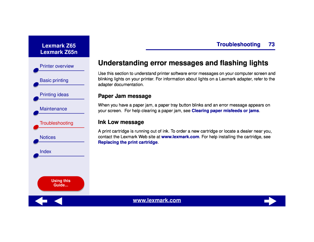 Lexmark Z65n Understanding error messages and flashing lights, Paper Jam message, Ink Low message, Printer overview, Index 
