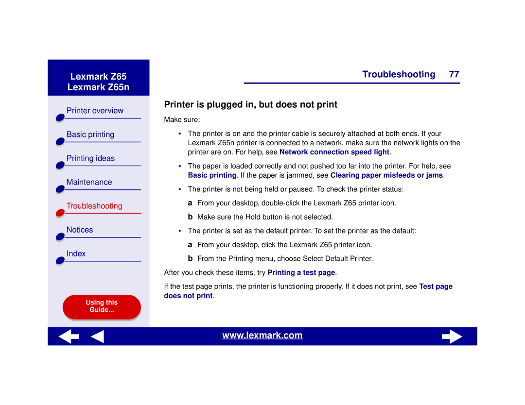 Lexmark Z65n manual Printer is plugged in, but does not print 