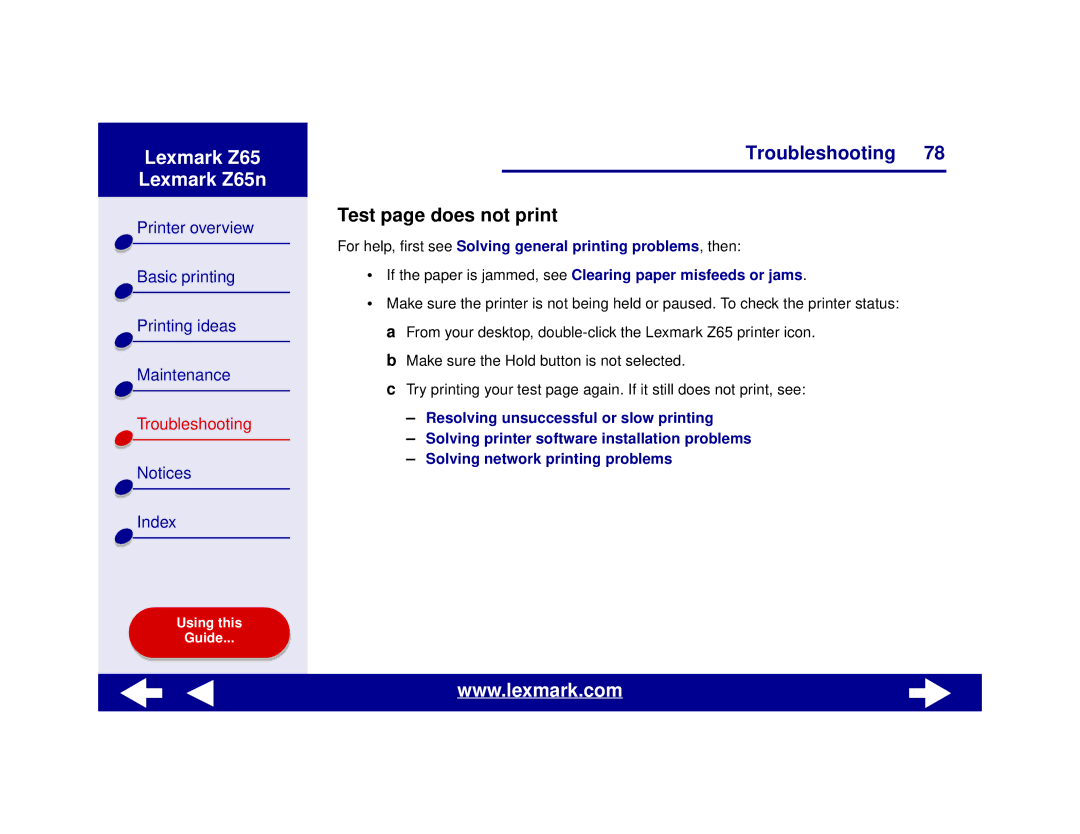 Lexmark Z65n manual Test page does not print 