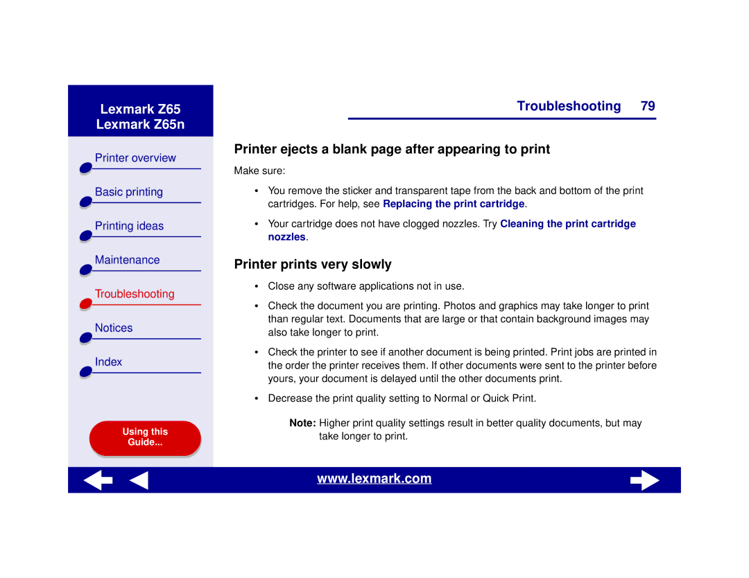 Lexmark Z65n manual Printer ejects a blank page after appearing to print, Printer prints very slowly 