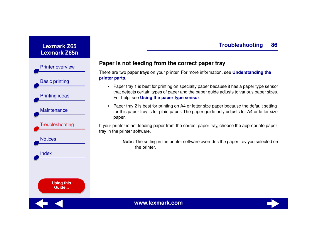 Lexmark Z65n manual Paper is not feeding from the correct paper tray 