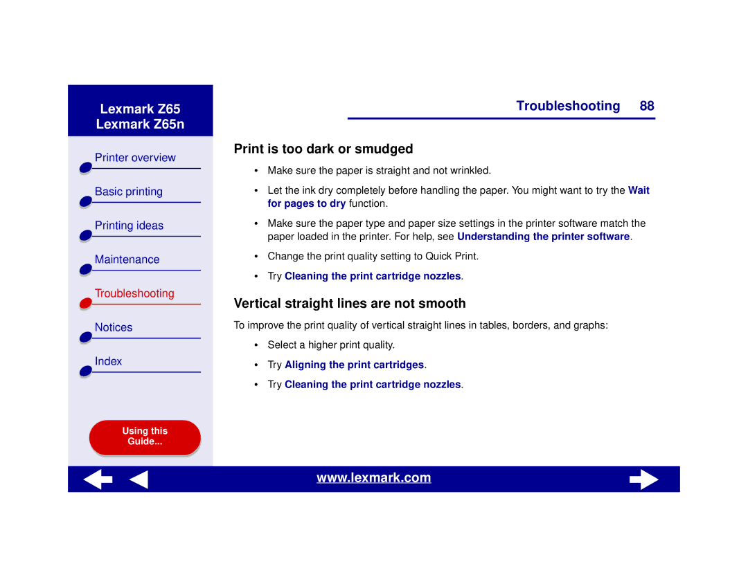 Lexmark Z65n manual Print is too dark or smudged, Vertical straight lines are not smooth 