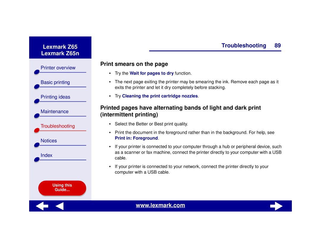 Lexmark Z65n manual Print smears on, Try the Wait for pages to dry function 