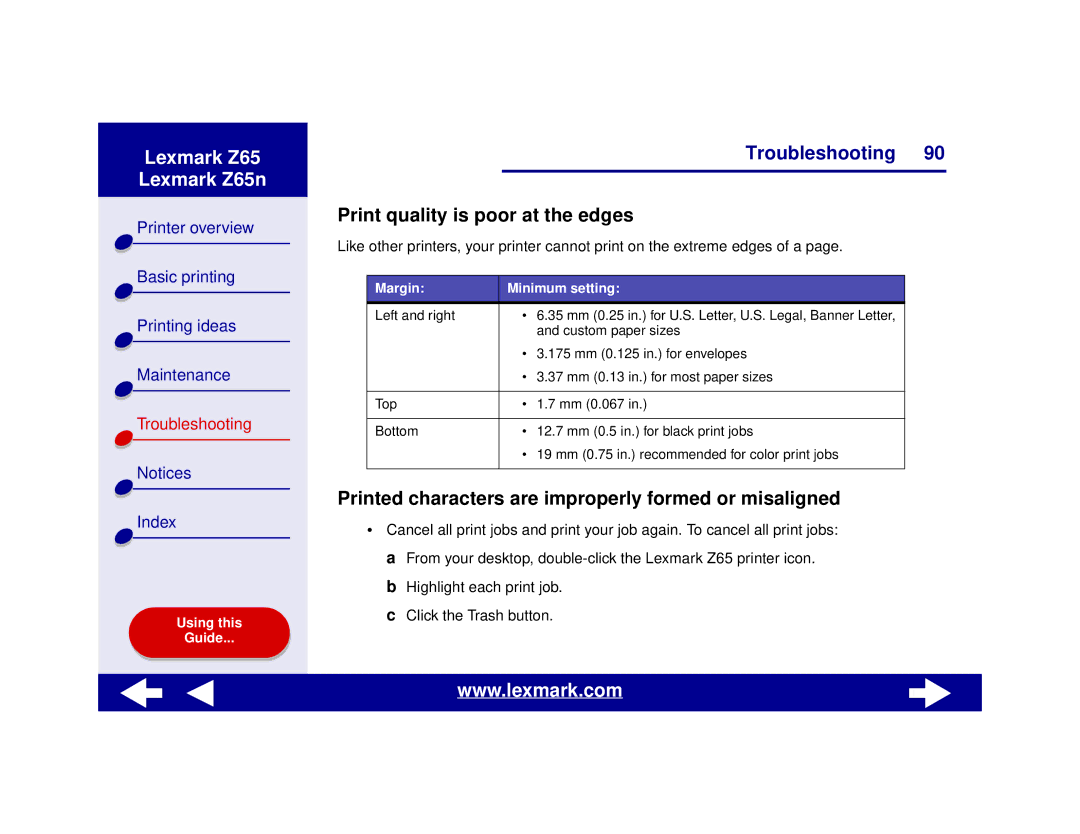 Lexmark Z65n manual Print quality is poor at the edges, Printed characters are improperly formed or misaligned 