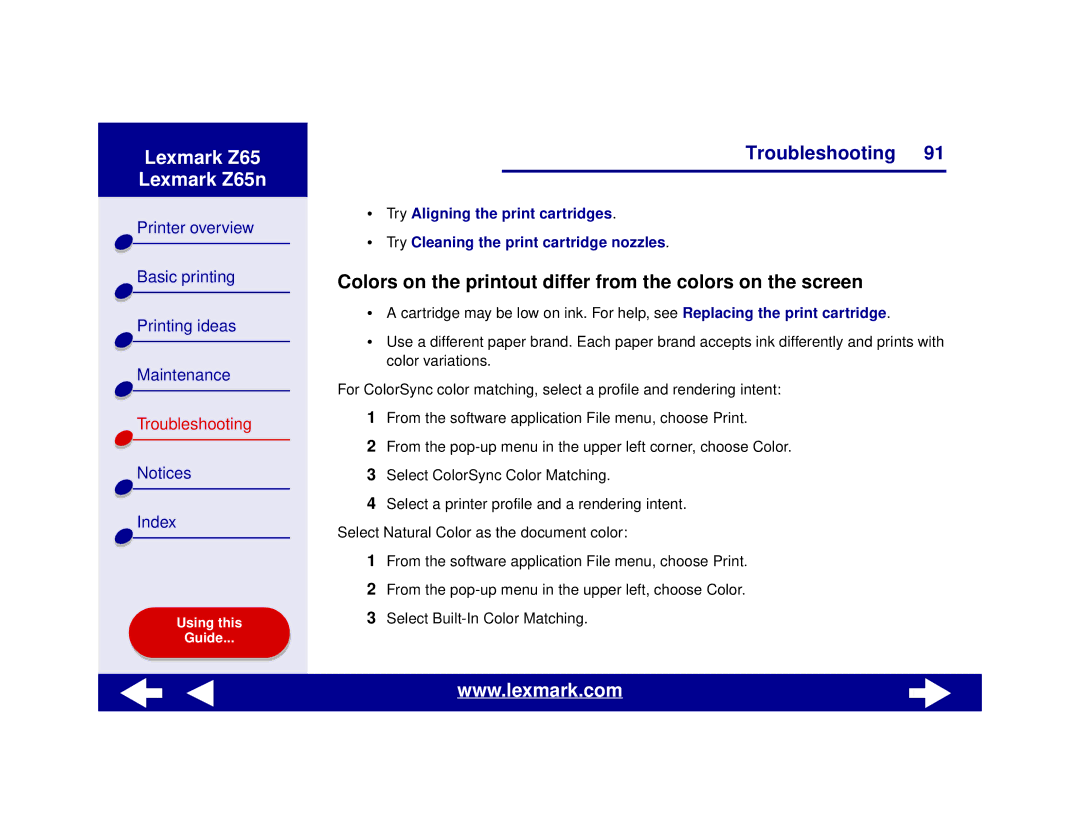 Lexmark Z65n manual Colors on the printout differ from the colors on the screen 