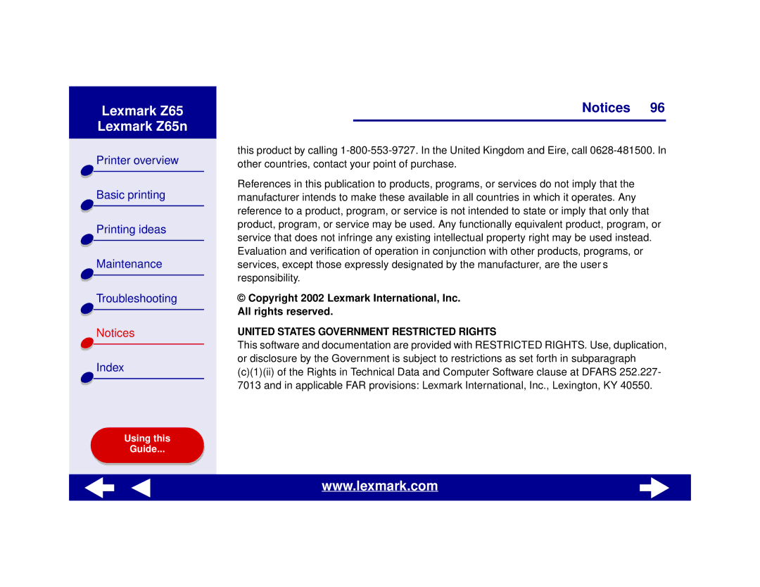 Lexmark Z65n manual United States Government Restricted Rights 