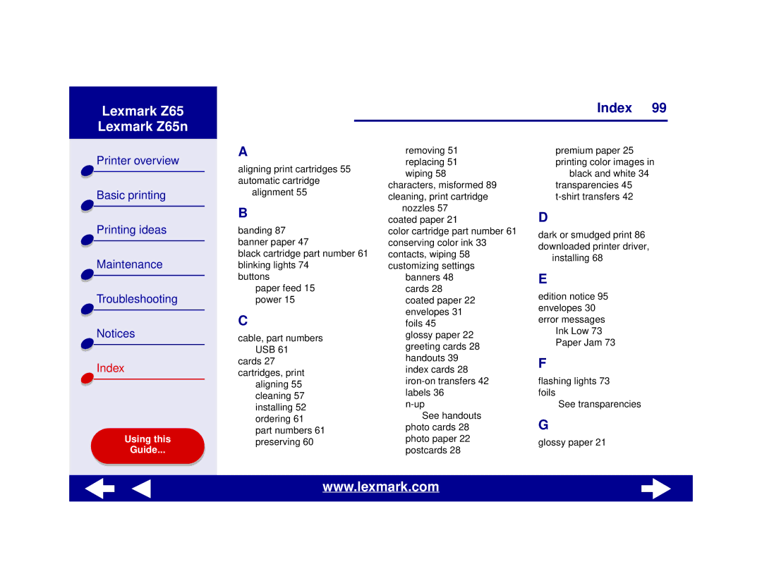 Lexmark Z65n manual Index 