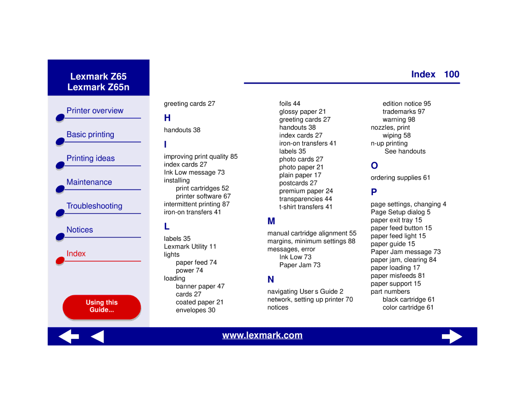 Lexmark Z65n manual Index 