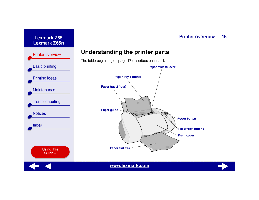 Lexmark Z65n manual Understanding the printer parts, Table beginning on page 17 describes each part 